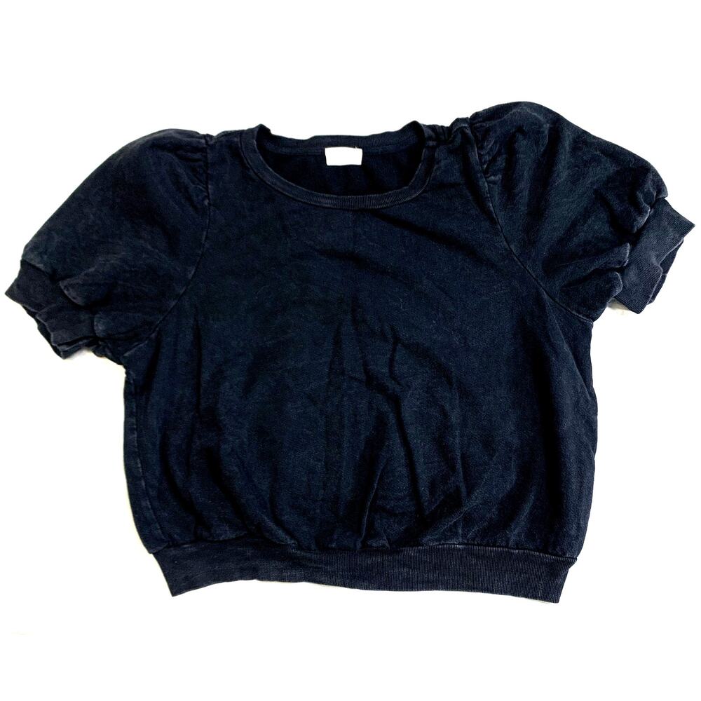 TLA Black Mineral Washed Distressed Preppy Goth Puff Sleeve French Terry cotton